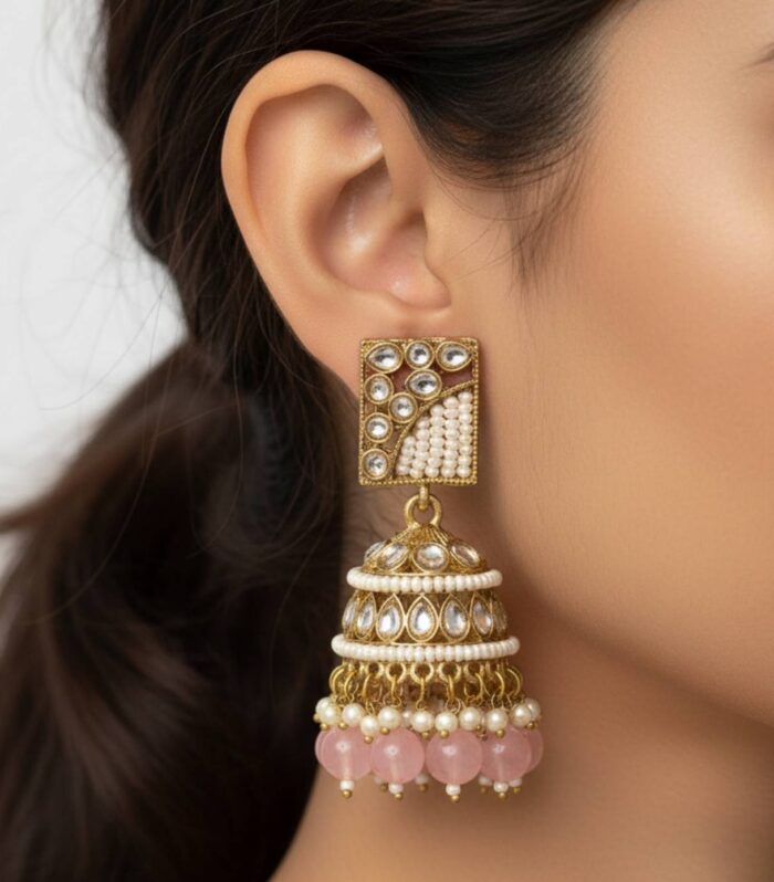 Antique Kundan Jhumka Earrings with Pink Bead Drops