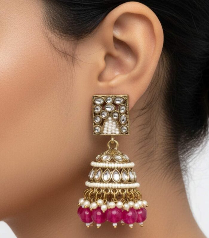 Antique Kundan Jhumka Earrings with Magenta Bead Drops