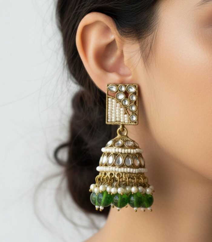 Antique Kundan Jhumka Earrings with Emerald Green Bead Drops