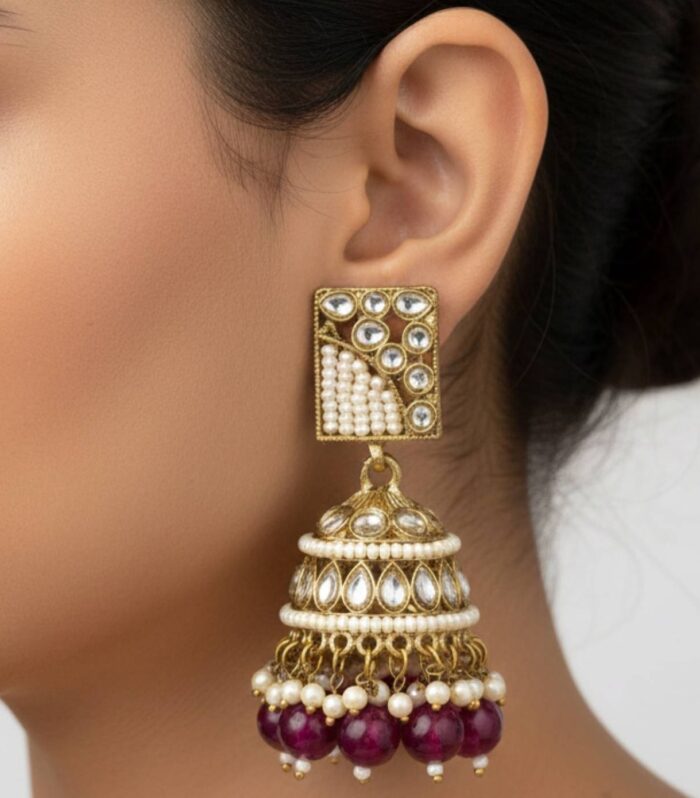 Antique Kundan Jhumka Earrings with Magenta Bead Drops