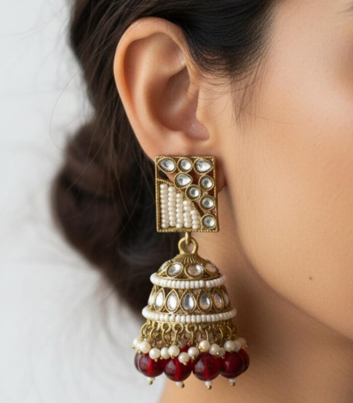 Antique Kundan Jhumka Earrings with Ruby Red Bead Drops