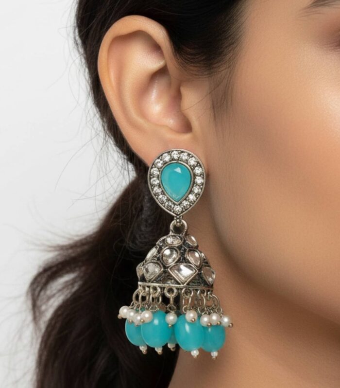 Antique Kundan Jhumka Earrings with Aqua Blue Stone Studs
