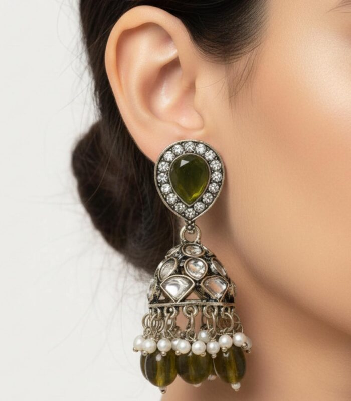 Antique Kundan Jhumka Earrings with Olive Green Stone Studs