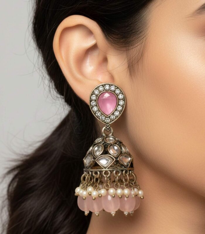 Antique Kundan Jhumka Earrings with Blush Pink Stone Studs