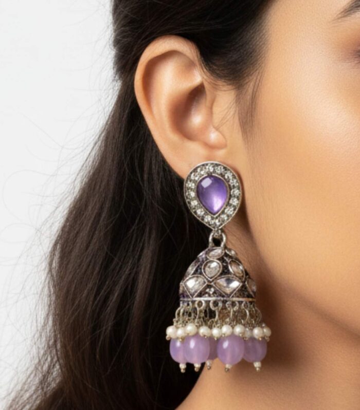 Antique Kundan Jhumka Earrings with Lavender Stone Studs