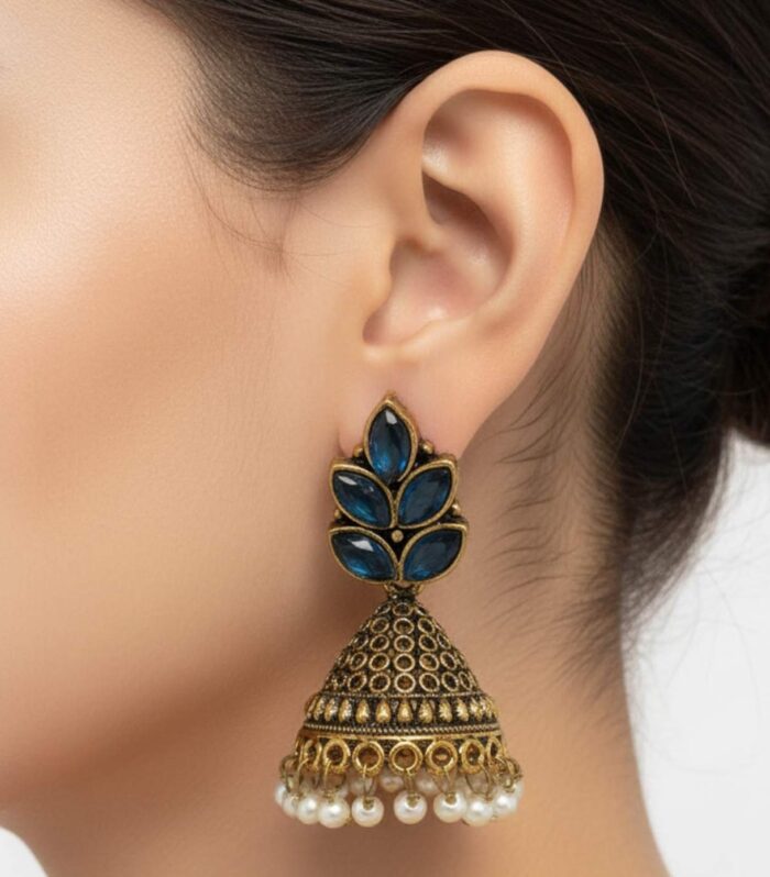 Antique Gold Leaf Motif Jhumka Earrings with Blue Stone Pearl Drops