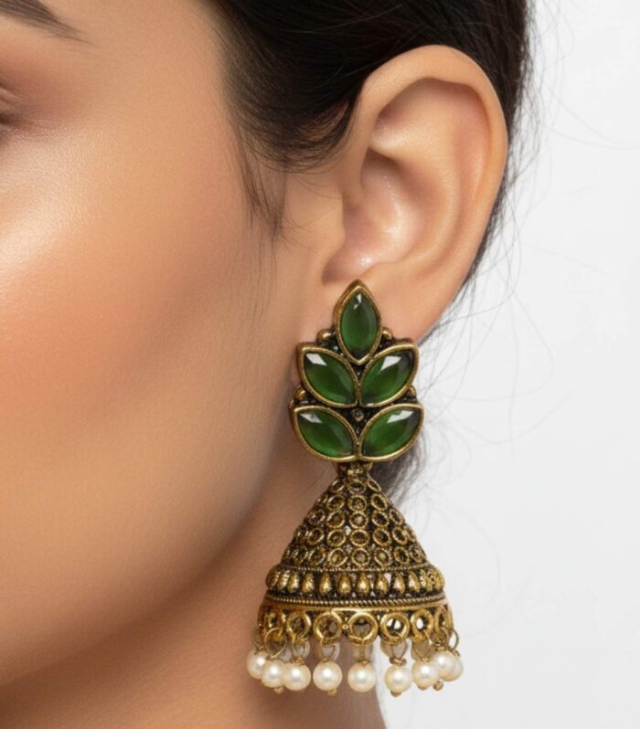 Antique Gold Leaf Motif Jhumka Earrings with Green Stones Pearl Drops
