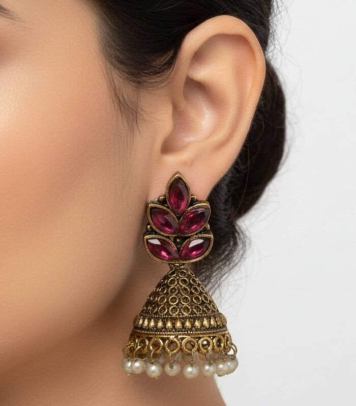 Antique Gold Leaf Motif Jhumka Earrings with Ruby Red Stones Pearl Drops