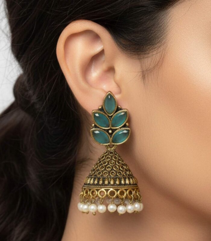 Antique Gold Leaf Motif Jhumka Earrings with Emerald Green Stones Pearl Drops