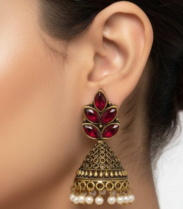 Traditional Gold Tone Red Stone Jhumka Earrings with Pearl Drops | Ethnic Indian Jewellery