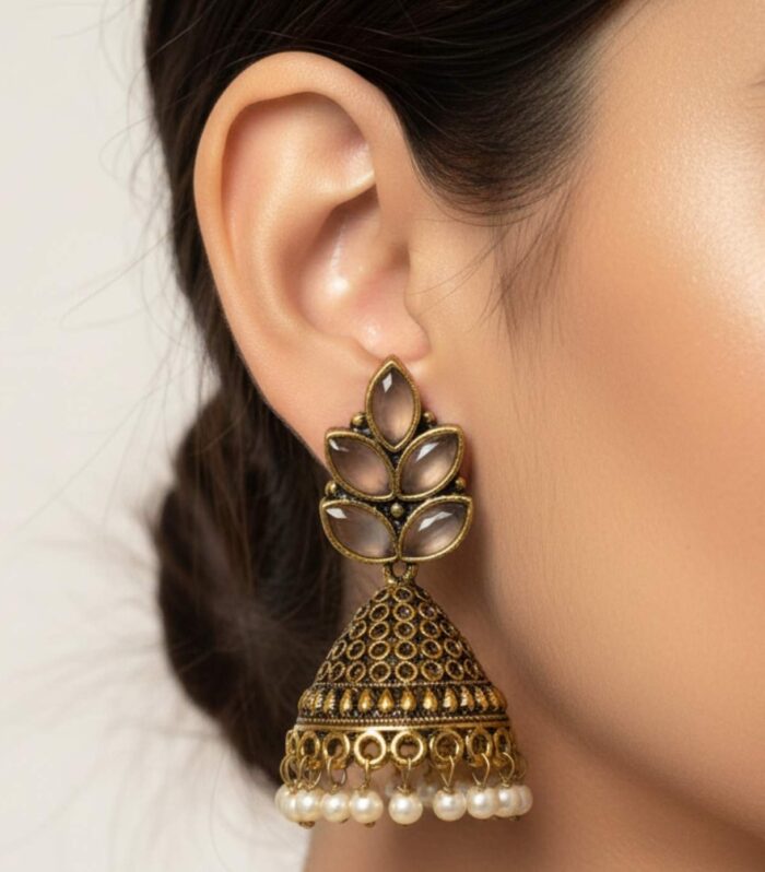 Antique Gold Jhumka Earrings with Grey Stones Pearl Drops | Traditional Indian Jewellery