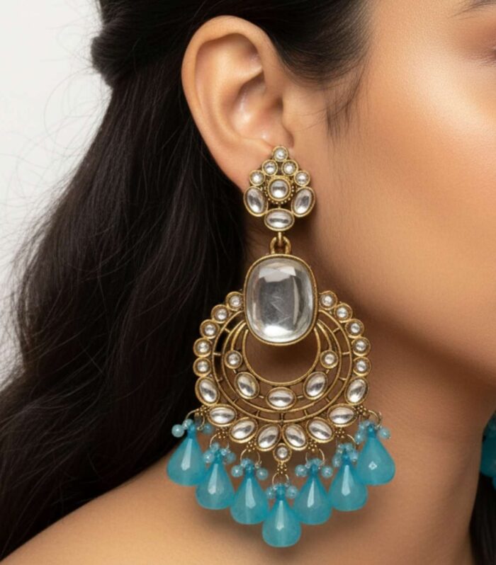 Antique Kundan Chandelier Earrings with Blue Drops | Traditional Ethnic Jewellery