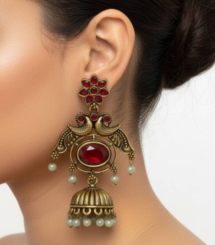 Antique Peacock Jhumka Earrings with Ruby Red Stone