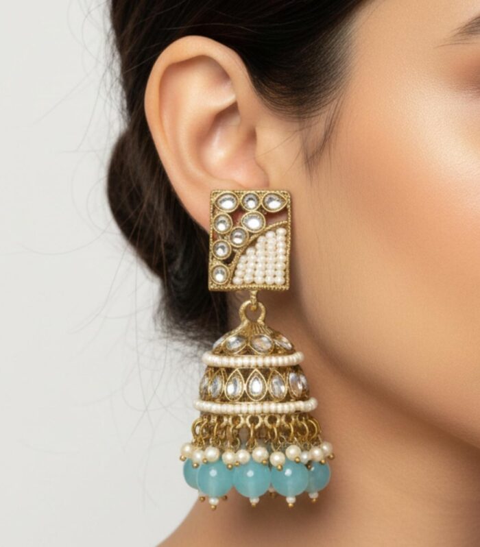 Antique Kundan Jhumka Earrings with Aqua Blue Bead Drops