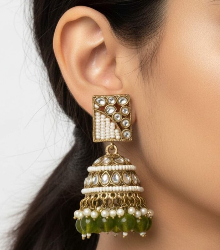 Antique Kundan Jhumka Earrings with Olive Green Bead Drops