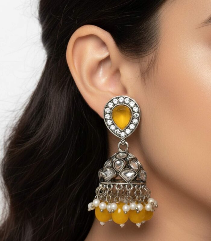 Antique Kundan Jhumka Earrings with Mustard Yellow Stone Studs