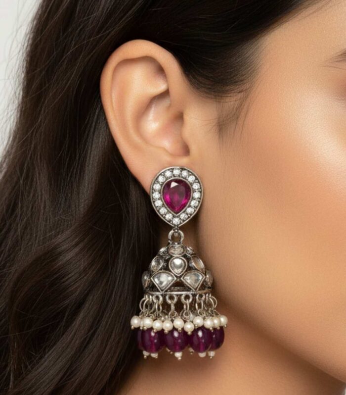 Antique Kundan Jhumka Earrings with Ruby Wine Stone Studs