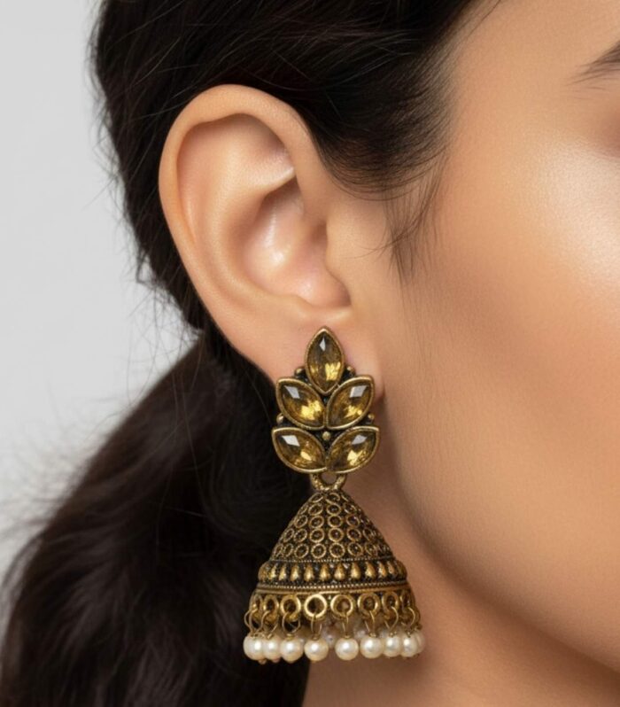 Antique Gold Jhumka Earrings with Ruby Stones Pearl Drops | Traditional Indian Jewellery