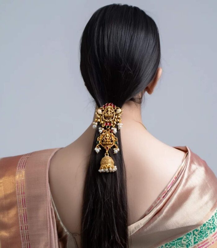 Gold Finish Temple Choti Brooch with Goddess Motif Jhumka | Bridal Hair Accessory