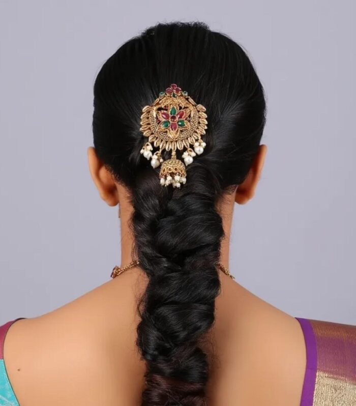 Traditional Gold Finish Floral Choti Brooch with Jhumka Pearl Drops