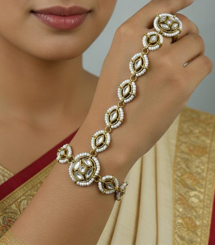 Antique Gold Kundan Pearl Hand Harness (Haathphool) for Women