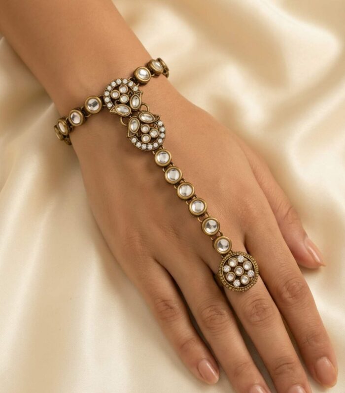 Antique Gold Kundan Haath Phool Bracelet Ring Set for Women