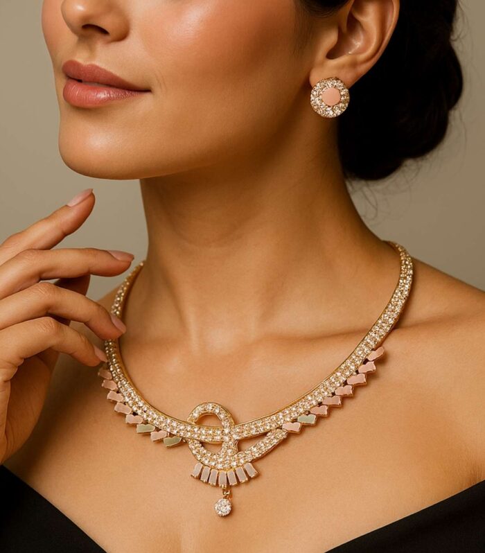 Rose Gold American Diamond Necklace Set with Matching Stud Earrings