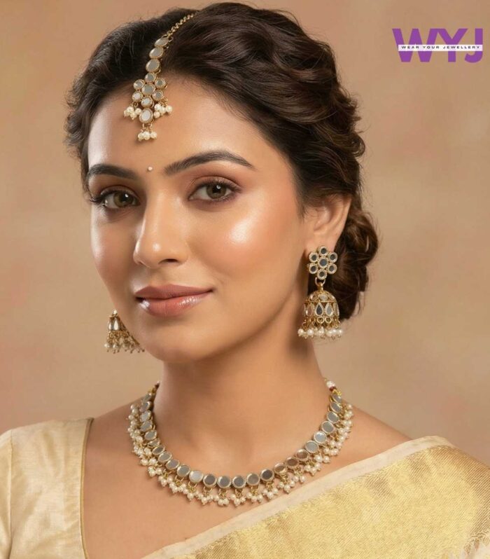 Antique Gold Mirror Choker Necklace Set with Jhumka Earrings and Maang Tikka