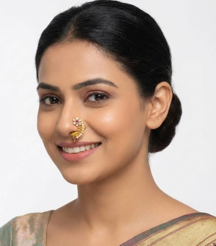 Gold Finish Floral Nath Nose Ring with Pearls Red Stone | Traditional Bridal Nath