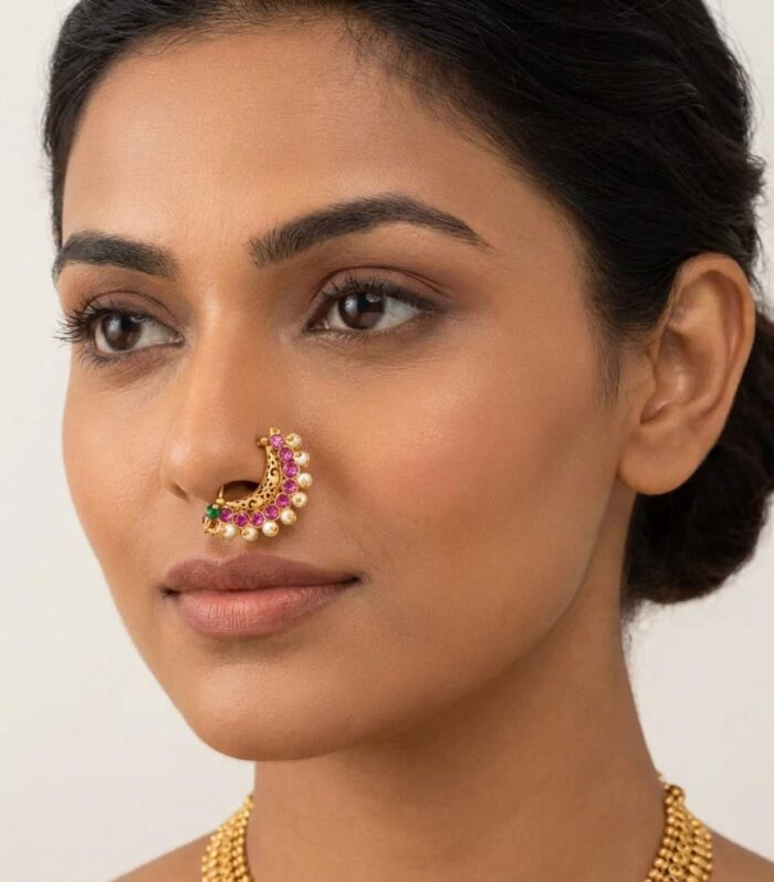 Gold Finish Kundan Nath with Pink Stones Pearls | Traditional Bridal Nose Ring