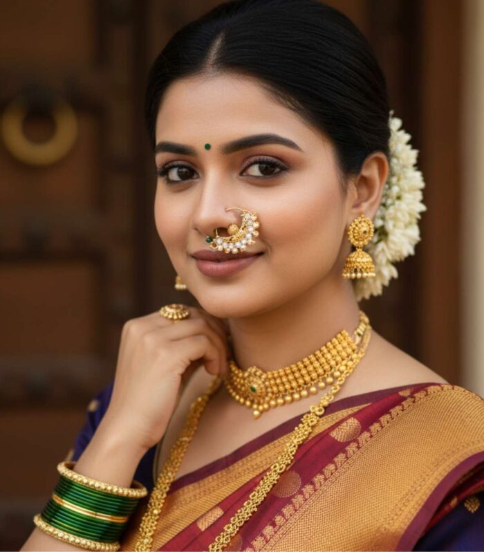 Antique Gold Stone Pearl Crescent Nose Nath Traditional