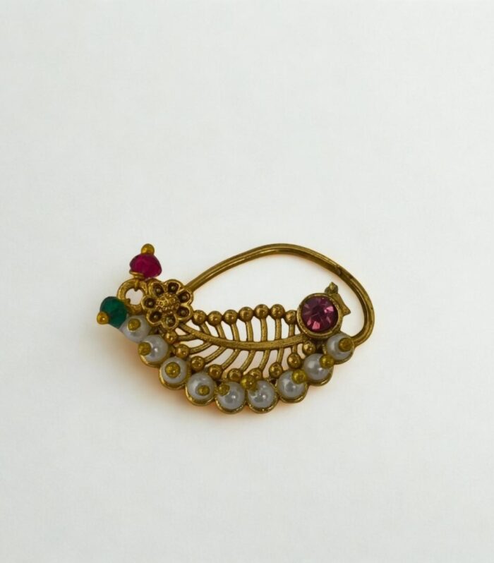 Antique Gold Pearl & Pink Stone Designer Nose Nath