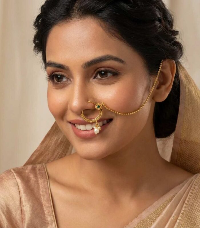 Gold Finish Nath Nose Ring with Chain Pearl Drop