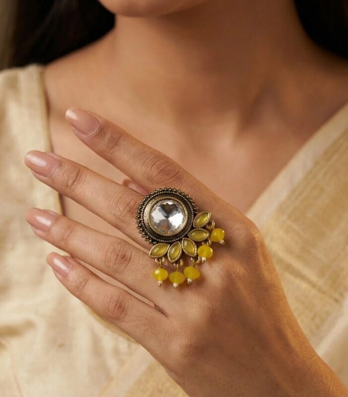 Antique Gold Kundan Statement Ring with Yellow Bead Drops