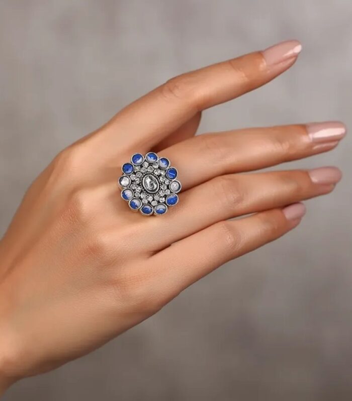 Blue Stone Floral Finger Ring for Women | Antique Silver Designer Ring