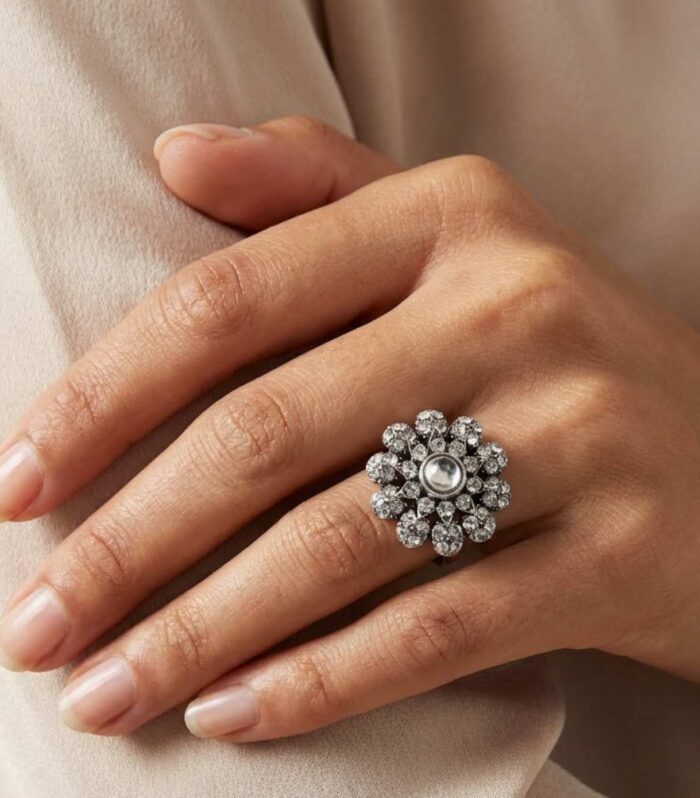 Oxidised Silver Floral Finger Ring for Women | Designer Statement Ring