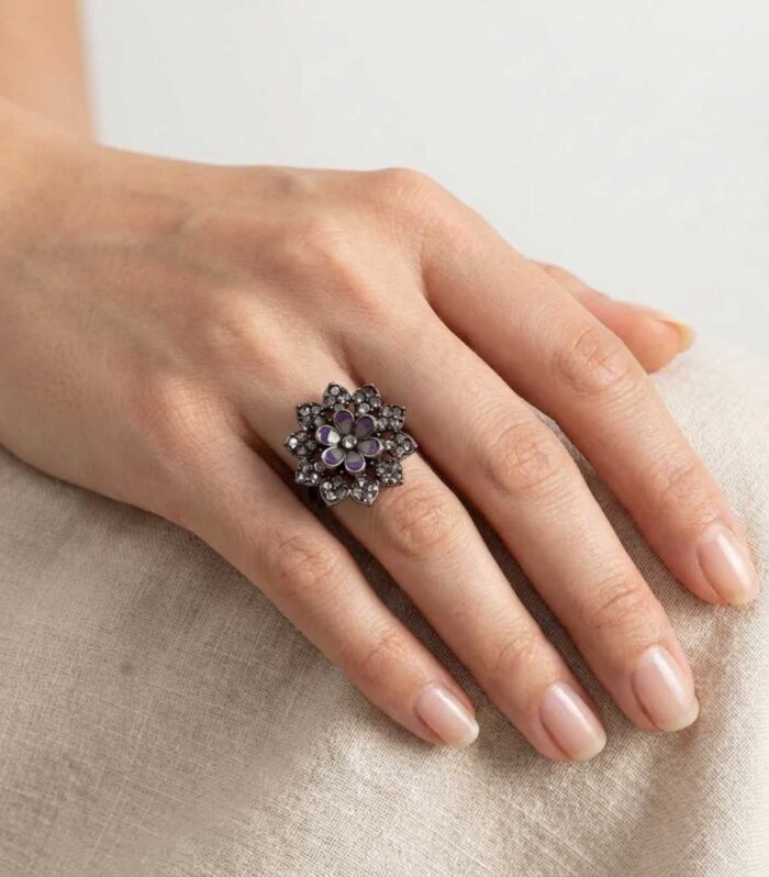 Purple Stone Floral Finger Ring for Women | Oxidised Designer Ring