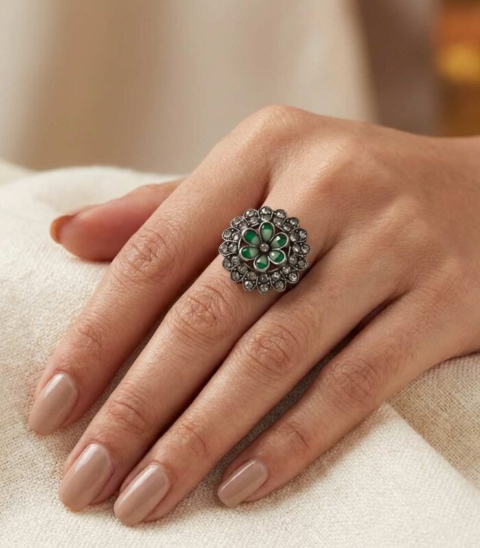 Green Stone Floral Finger Ring for Women | Oxidised Designer Ring