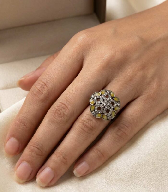 Yellow Stone Floral Finger Ring for Women | Oxidised Designer Ring