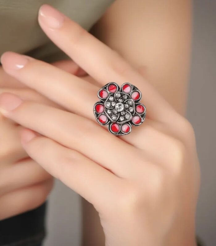 Red Stone Floral Finger Ring for Women | Oxidised Designer Ring