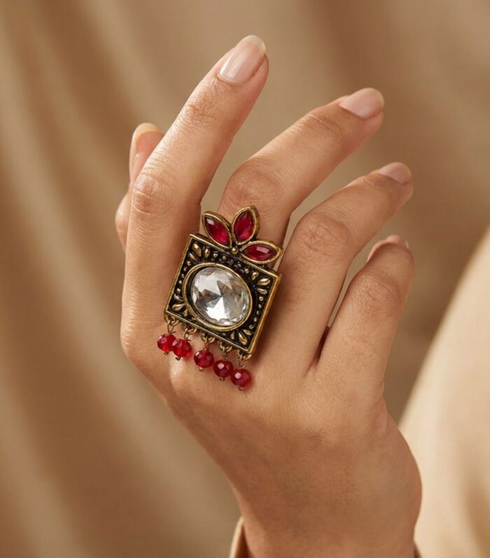 Antique Gold Kundan Ring with Red Stone & Bead Drops