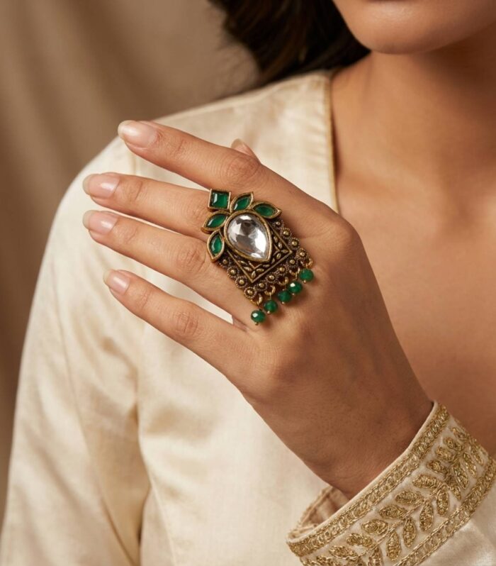 Antique Gold Kundan Ring with Green Stone Bead Drops