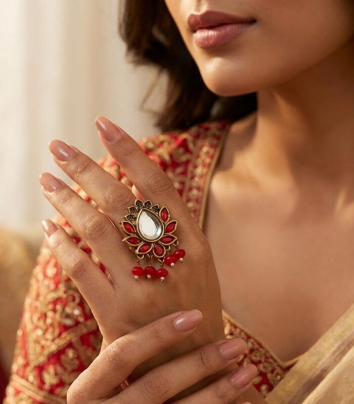 Antique Gold Kundan Stud Earrings with Red Stone Bead Drops