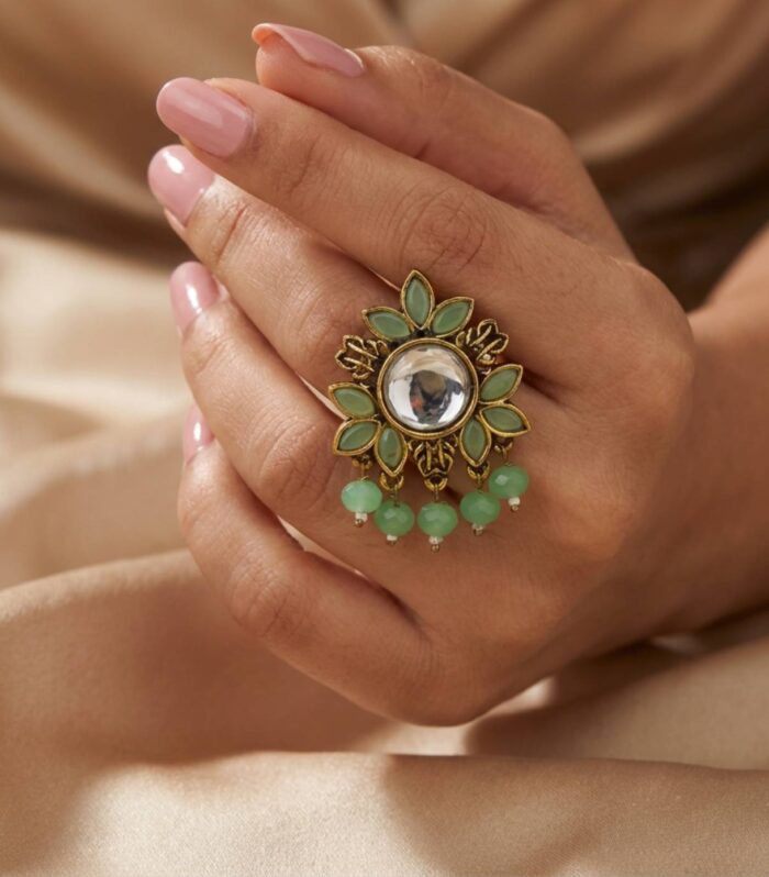 Antique Gold Kundan Stud Earrings with Green Stones Bead Drops