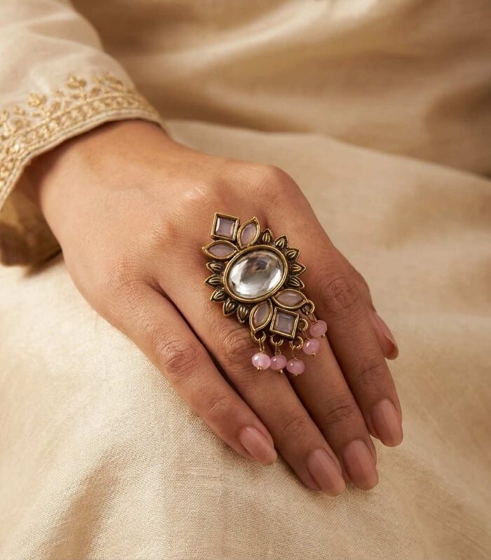 Antique Gold Kundan Statement Ring with Pink Stones Bead Drops