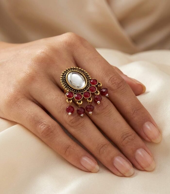 Antique Gold Red Kundan Statement Earrings with Bead Drops