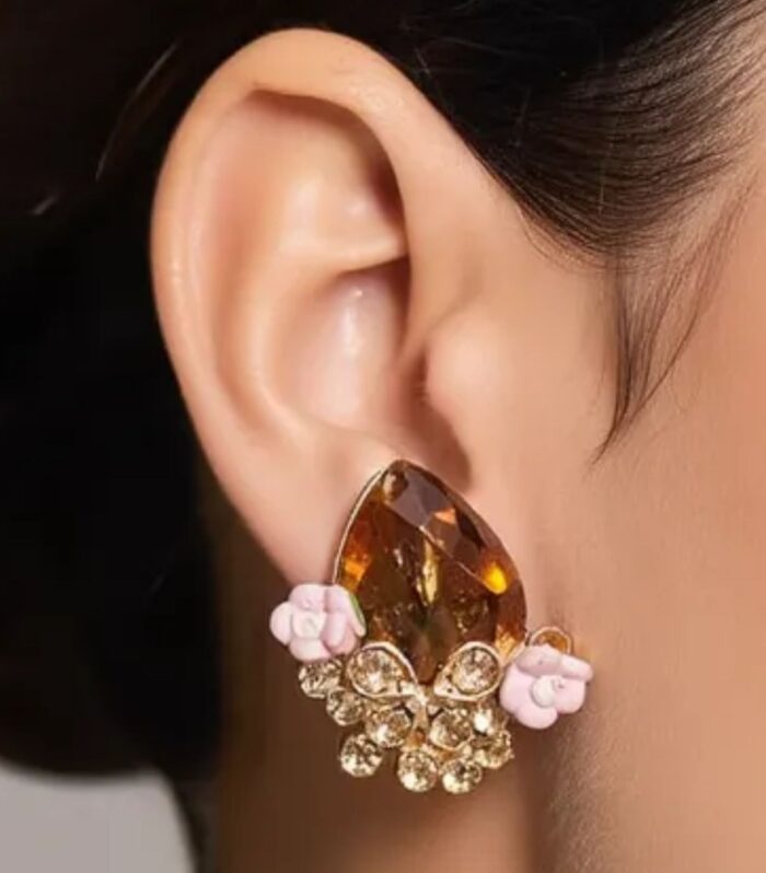 Brown Stone Floral Stud Earrings for Women | Elegant Designer Earrings