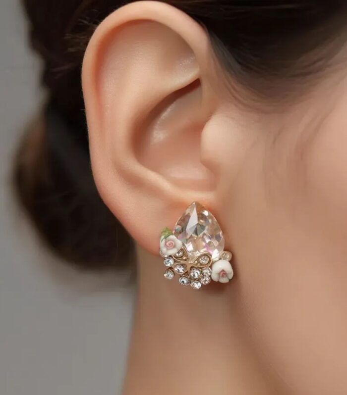 White Stone Floral Stud Earrings for Women | Elegant Designer Earrings