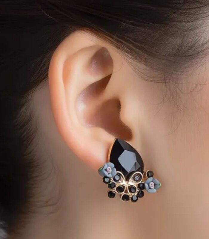 Black Stone Floral Stud Earrings for Women | Elegant Designer Earrings