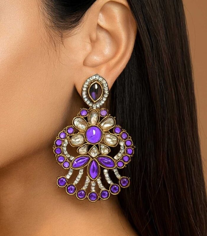Elegant Purple Stone Kundan Earrings – Party Traditional Wear